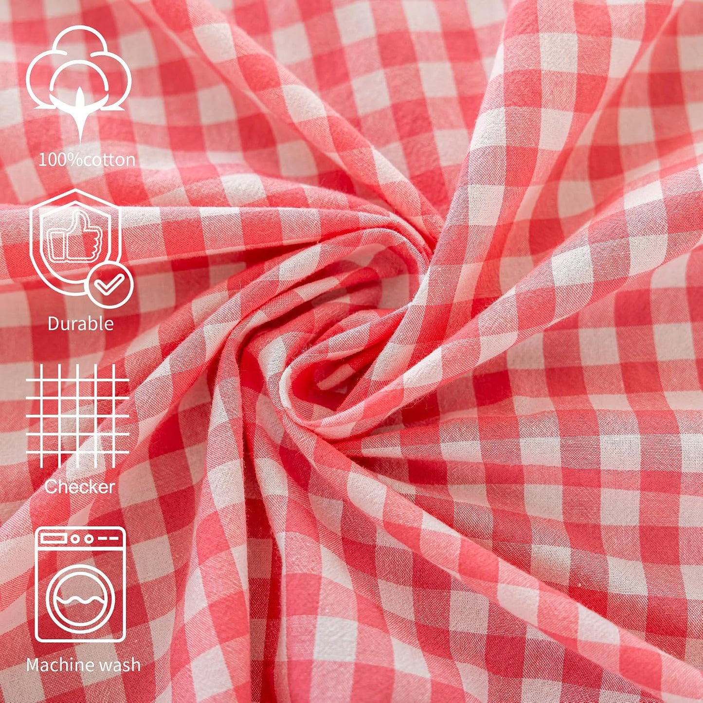 Checkered 100% Washed Cotton Tablecloth 70 Inch Ruffled Gingham Table Cloth Washable Round Fabric Table Cover Retro Farmhouse Kitchen Dining Room Table Decor, Pink, 4-6 Seats