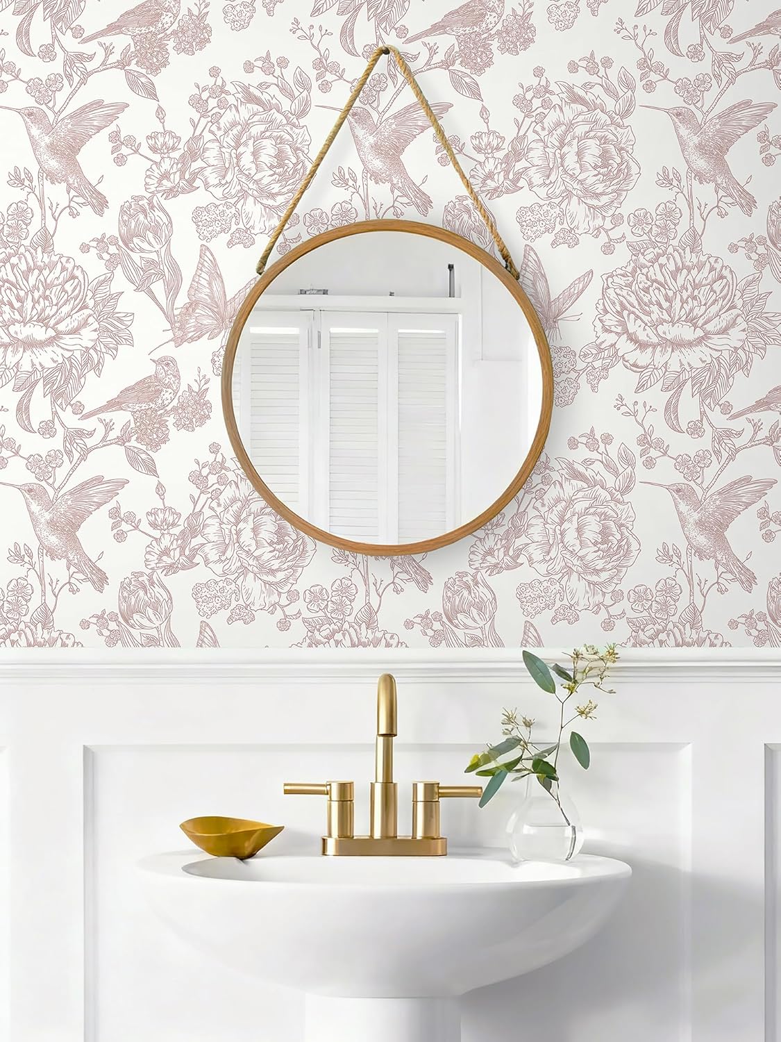 Safiyya Pink Peel and Stick Wallpaper Floral Birds Butterfly Contact Paper 17.3"x78.7" Vintage Wall Paper Self Adhesive Removable Wallpaper for Bedroom Bathroom Laundry Room Farmhouse Vinyl Rolls