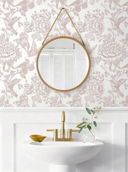 Safiyya Pink Peel and Stick Wallpaper Floral Birds Butterfly Contact Paper 17.3"x78.7" Vintage Wall Paper Self Adhesive Removable Wallpaper for Bedroom Bathroom Laundry Room Farmhouse Vinyl Rolls