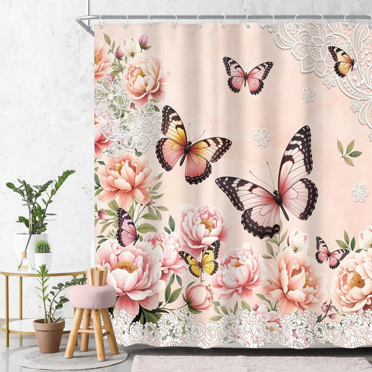 Pink Floral Butterfly Shower Curtain 72Wx78H Inch Vintage Rose Gold Flower Peony Lace Shower Curtain for Bathroom Bathroom Set Rustic Girly Women Bath Curtain Bathtub Accessories Home Decor