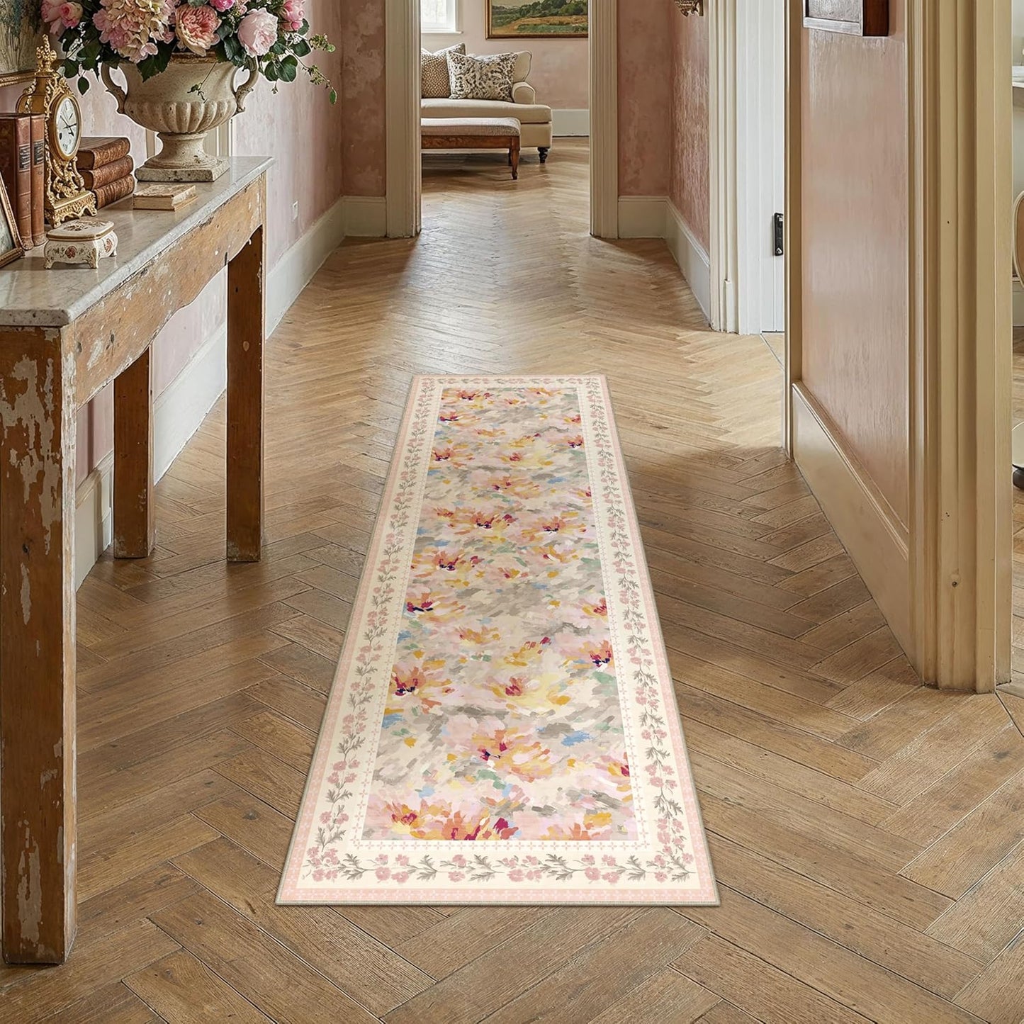 2x6 Washable Runner Rug Beige Pink Floral Abstract Hallway Kitchen Throw Rug Modern Non Slip Soft Low Pile Carpet for Bathroom Laundry Bedroom Living Room