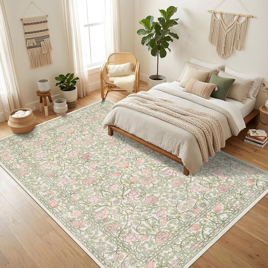 GarveeHome Pink and Green Vintage Floral Washable Rugs 8x10 for Living Room Boho Retro Botanical Rug Low Pile Stain Resistance Non Slip Carpet for Bedroom Nursery Dining Room