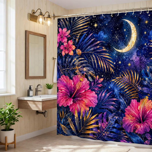 Hibiscus Shower Curtain, Tropical Nature Palm Leaves Stars Summer Peach Waterproof Fabric Bathtub Cloth Curtains Decor for Bathroom Guest Room 72x84 Inch