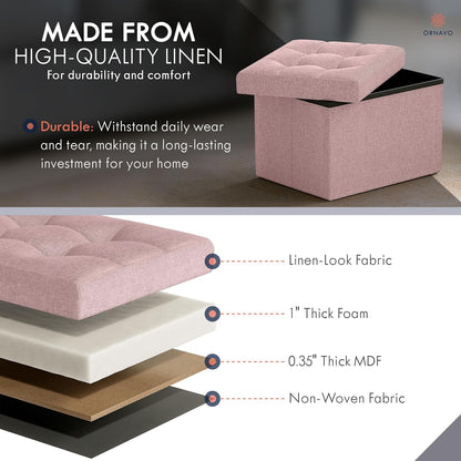 Ornavo Home Small Storage Ottoman Foldable Collapsible Rectangle Linen Ottoman Foot Rest Stool Seat, for Living Room, Bedroom, Home Office, Dorm - 12 x 16 x 12, Pink