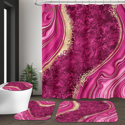 4PCS Pink Gold Marble Bathroom Sets with Shower Curtain and Rugs, Hot Pink Shower Curtain Sets with Rugs, Abstract Bathroom Curtains Shower Set with Accessories