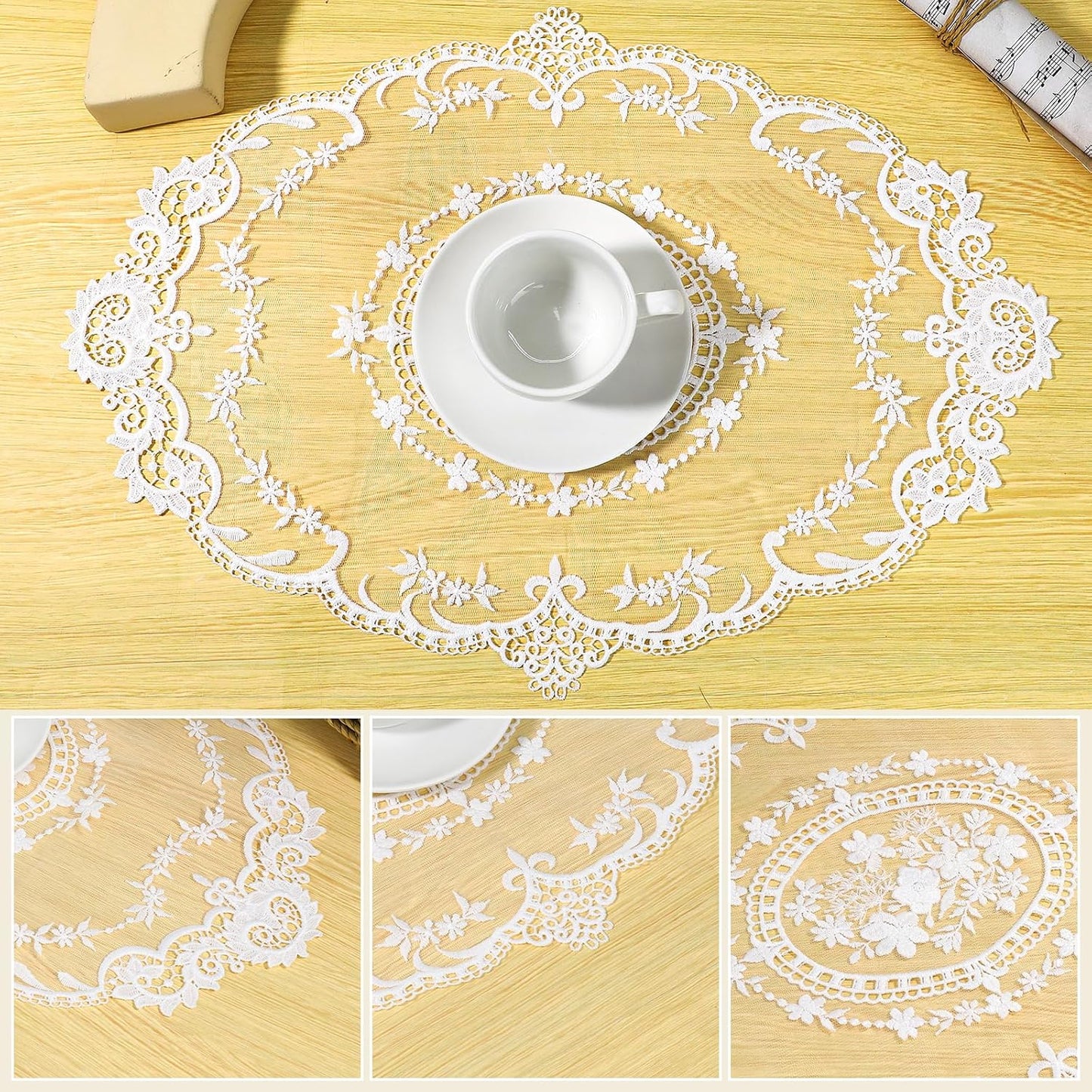 2 Pack Retro Lace French Crochet Doilies Table Placemats Handmade Solid White Embroidered Lace Farmhouse Placemats 12x16 inch Place Mats Cup Mat(Style 4)
