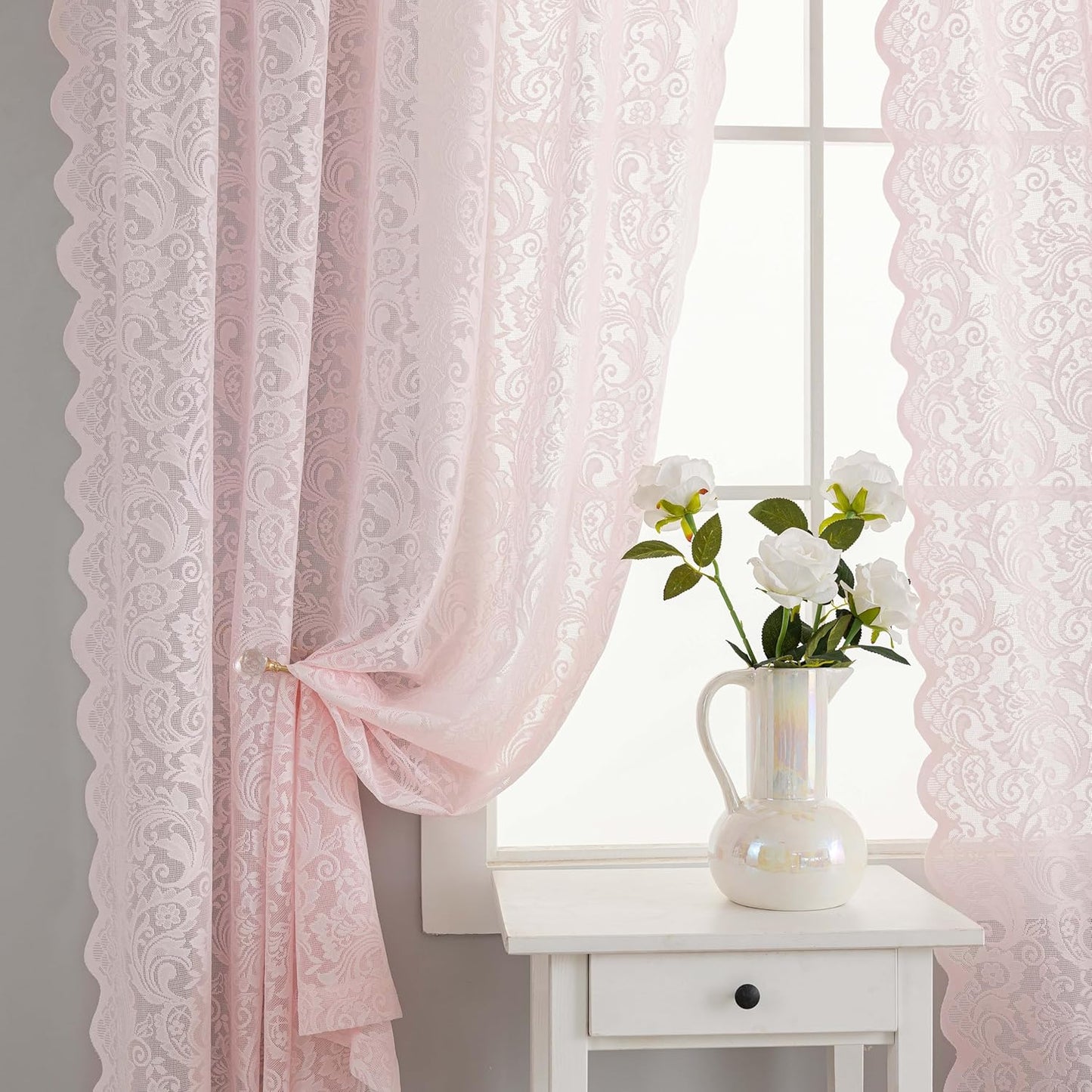 ALIGOGO Pink Sheer Curtains 63 Inch Length for Girls Bedroom Nursery, 2 Panels French Floral Lace Coquette Curtains for Living Room Rod Pocket Pink Home Decor Aesthetic, 52 x 63 Inch, Pink