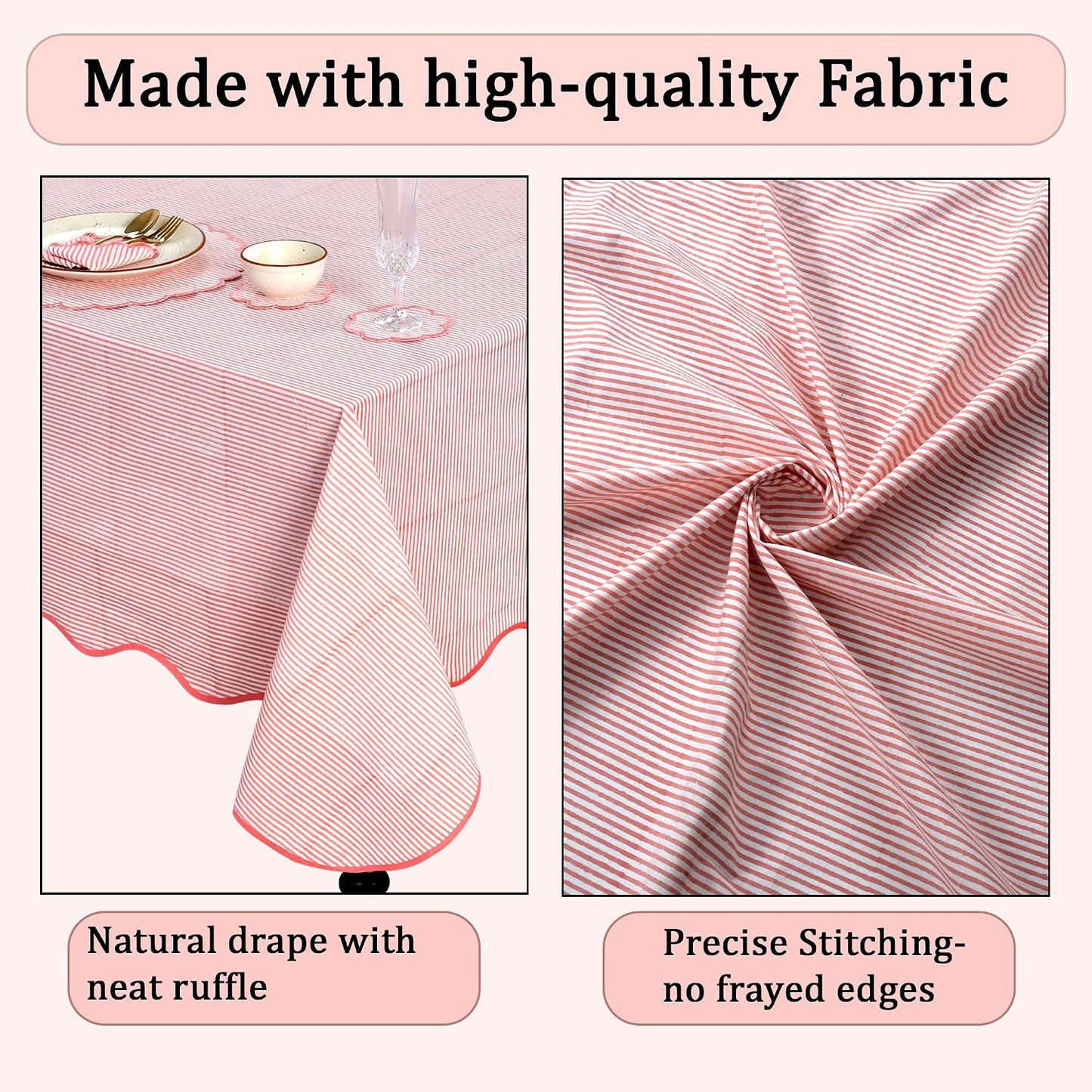 Ridhi Blush Coral Stripe Block Print 60x60 Square Tablecloth Table Cover for Dining Tables, Handcrafted Farmhouse Kitchen Decor, Washable, Decorative Tablecloths for Spring, Easter, Valentine