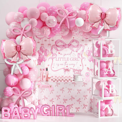 143PCS Pink Baby Shower Decorations for Girl, Welcome Baby Girl Party Decorations, Coquette Pink Bow Theme Backdrop Balloon Baby Boxes Banner for Girl Birthday Baby Shower Decor