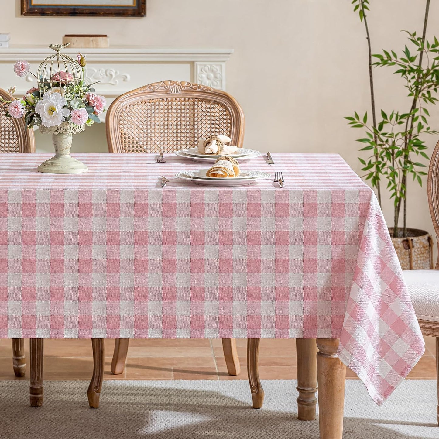 Gingham Tablecloth Rectangle Table, Cotton Linen Fabric Picnic Checkered Table Cloth Farmhouse Washable Wrinkle Free Buffalo Plaid Table Cover for Outdoor Birthday Party, Pink, 60x75