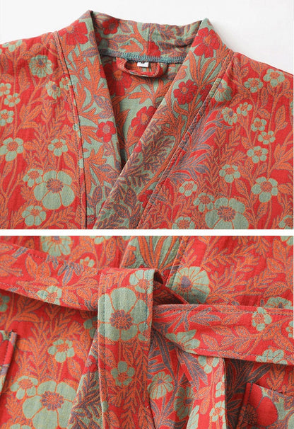 Women's 100% Cotton Printed Bathrobe Soft Double-layer Gauze Lightweight Midi Sleepwear Shower Kimono Robe