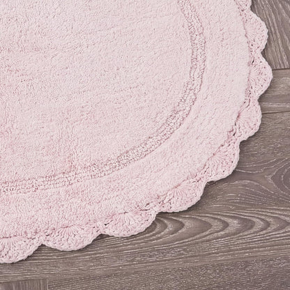 Laura Ashley Eloise 100% Cotton Oval Bath Mat with Crochet Border, Soft & Absorbent, Light Pink 21" x 34" Bathroom Rug