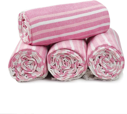 HILLFAIR Cotton Turkish Beach Towels, Quick Dry Lightweight Sand Free Peshtemal Towel for Bath Swim Yoga Spa Travel, Beach Accessories, Oversized Cotton Turkish Towels (39 x 72 inch- 4 Pack Pink)