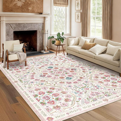 Garvee Washable Floral 9x12 Area Rugs for Living Room, Indoor Farmhouse Non Slip Girls Bedroom Rug, Ultra Soft Thin Large Carpet for Nursery Playroom, Stain Resistant Dining Room Rugs, Beige Pink