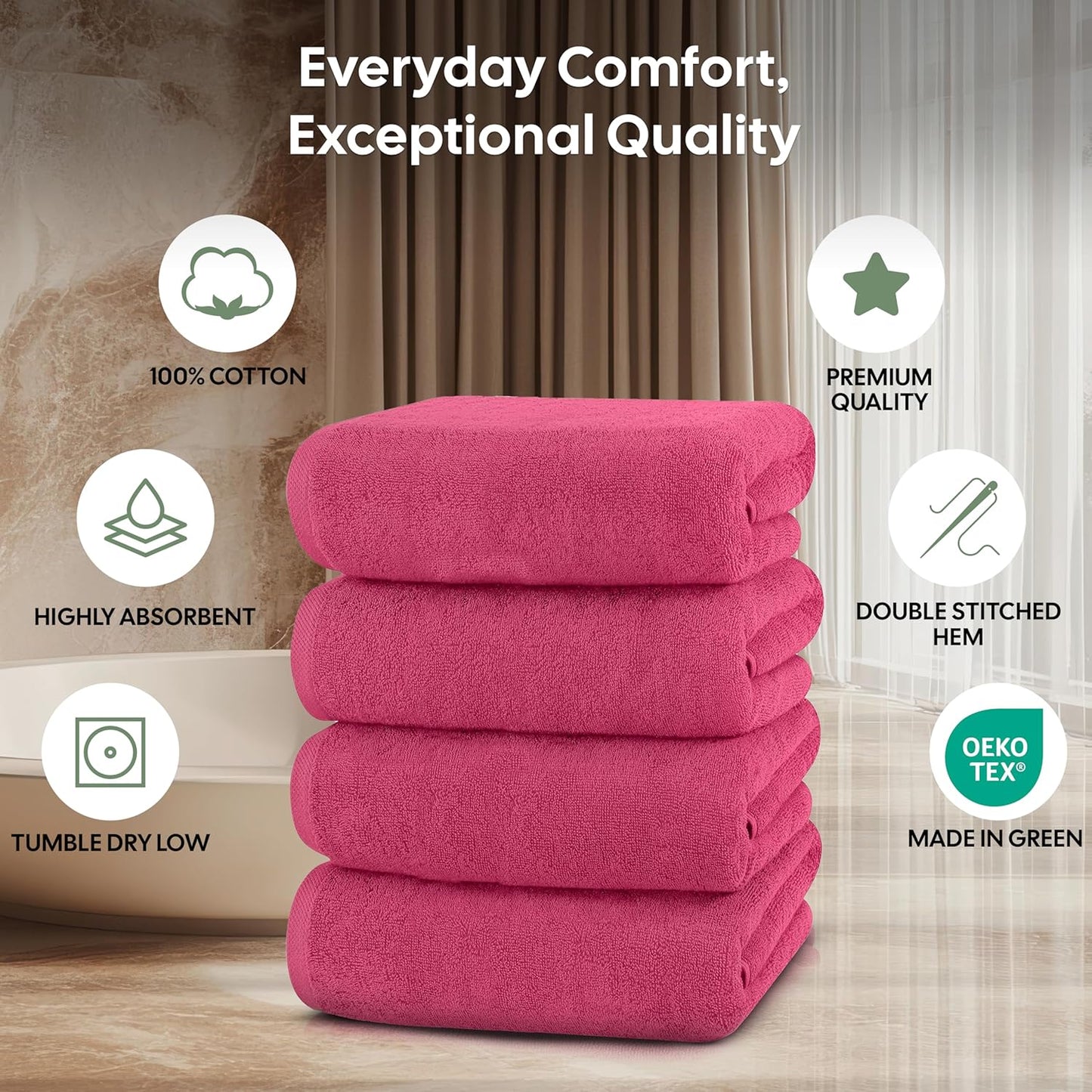 EcoNour Luxury 4-Pack Pink Turkish Cotton Bath Towels, 550 GSM 100% Cotton – 27x54 Inch, Ultra Soft, Quick Dry & Highly Absorbent for Bathroom, Gym & Travel