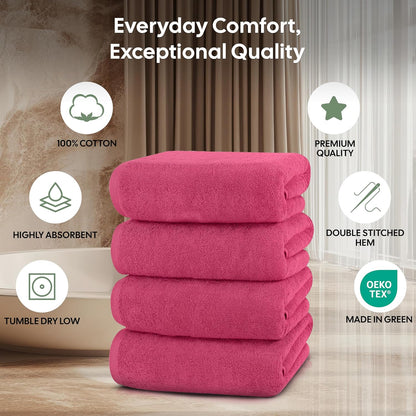 EcoNour Luxury 4-Pack Pink Turkish Cotton Bath Towels, 550 GSM 100% Cotton – 27x54 Inch, Ultra Soft, Quick Dry & Highly Absorbent for Bathroom, Gym & Travel