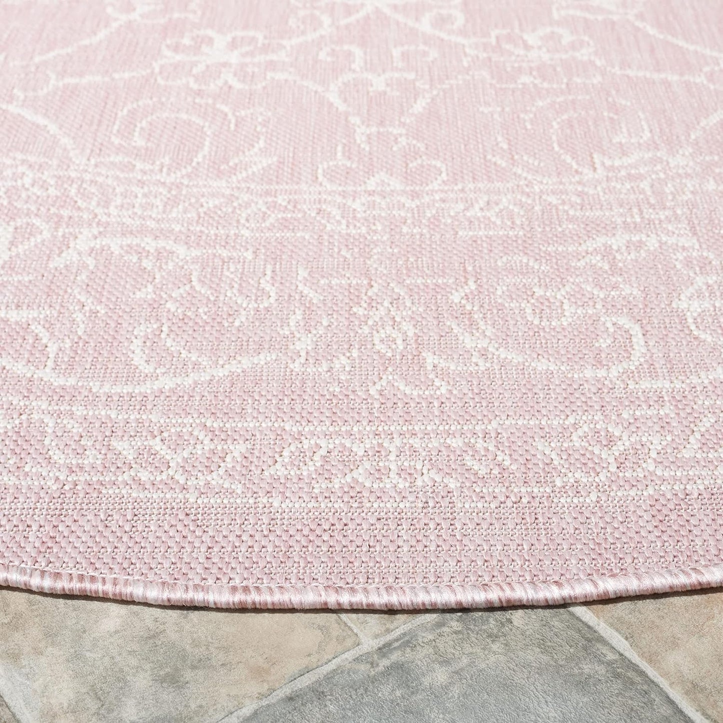 SAFAVIEH Courtyard Collection 6'7" Round Soft Pink/Ivory CY8680 Indoor/ Outdoor Waterproof Easy Cleaning Patio Backyard Mudroom Area Rug
