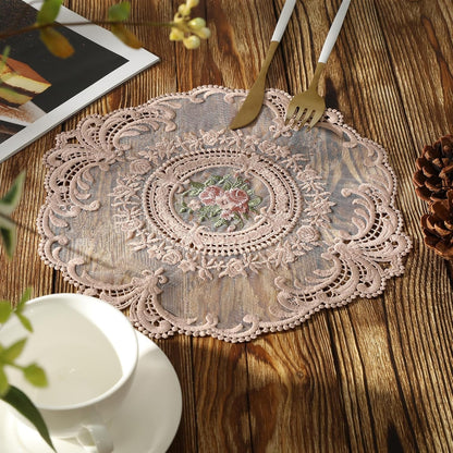 Embroidered Placemats Set of 2, Retro Handmand Place Mats Vintage Cup Vase Table Mat for Dining Table Kitchen Party -Dark Pink, 2PCS