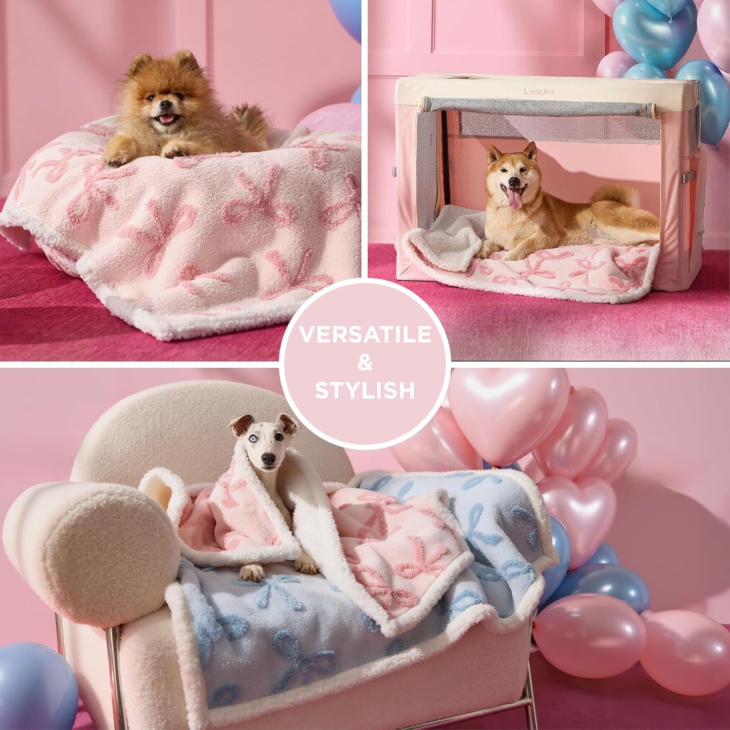 LE SURE Waterproof Puppy Blanket for Medium Dogs - Washable Double Sided Dog Blankets with Warm Jacquard Shag and Soft Sherpa Fleece, Pet Cat Blanket for Couch Protection, Bow Design，Pink Taffy
