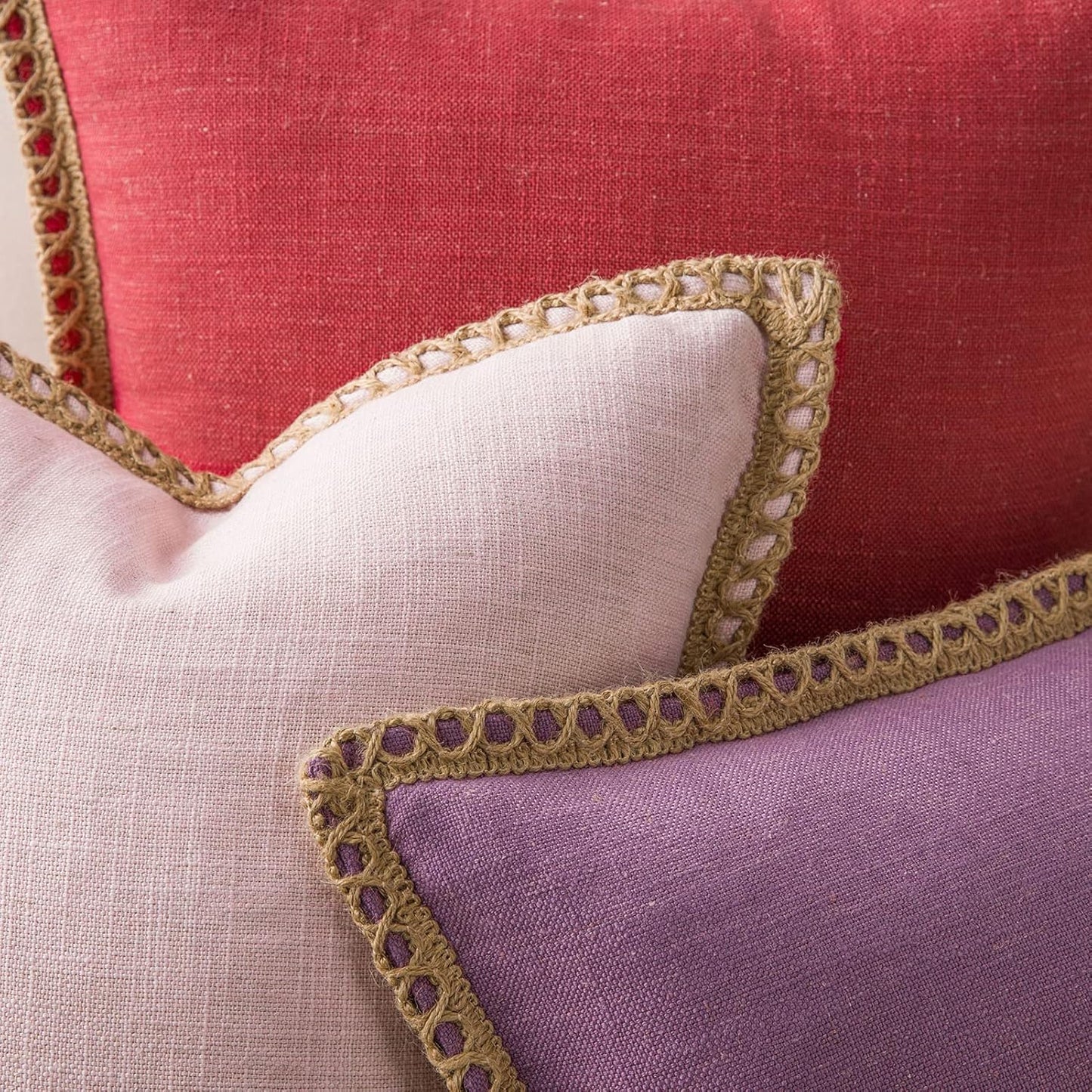 Phantoscope Farmhouse Decorative Throw Pillow Cover Burlap Linen Trimmed Tailored Edges Outdoor Pillow Light Pink 18 x 18 inches, 45 x 45 cm