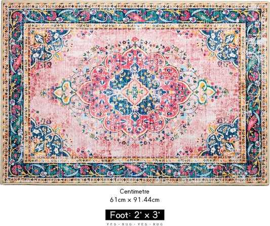 Small Area Rug 2x3 Pink Boho Bathroom Rug for Entryway Kitchen Blush Thin Foldable Vintage Throw Rug Low Pile Non Slip Washable Indoor Carpet