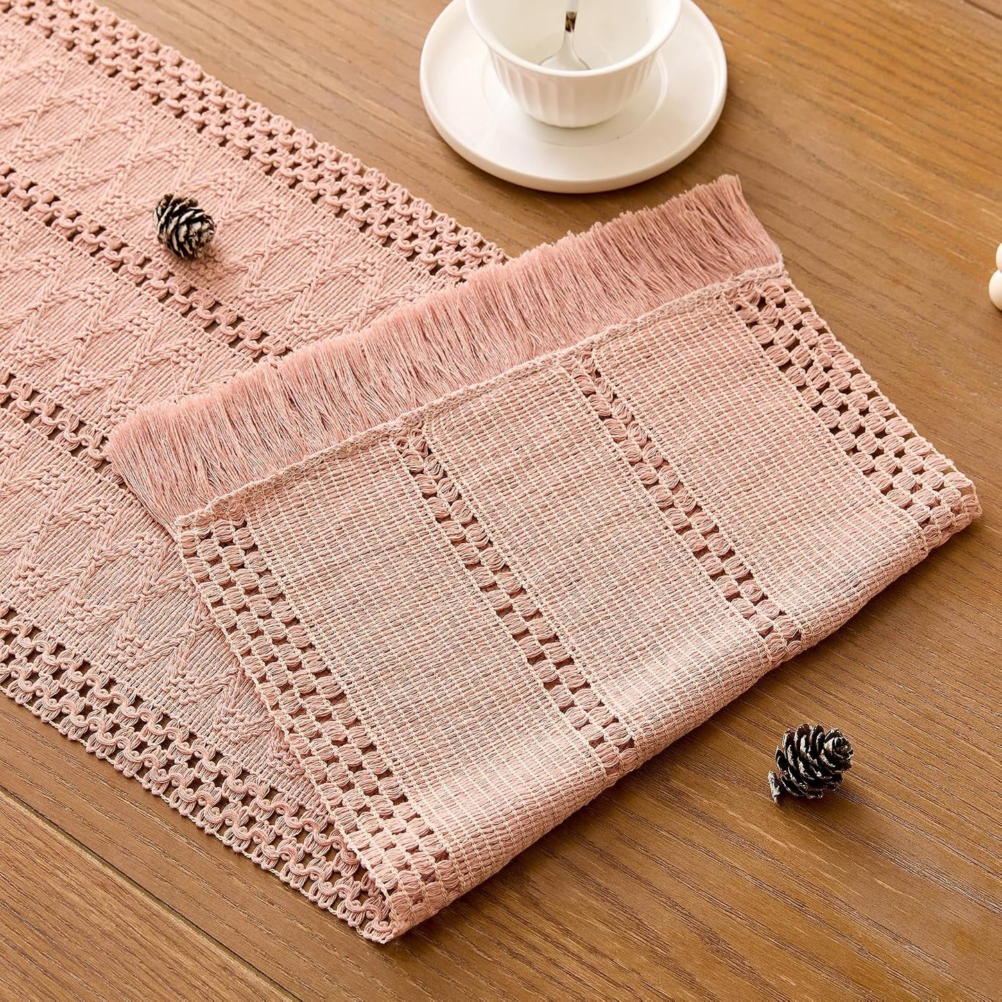 SITUMEIZI Pink Macrame Boho Table Runner with Tassels Woven Rustic Farmhouse Table Runner for Kitchen Dining 71 Inches