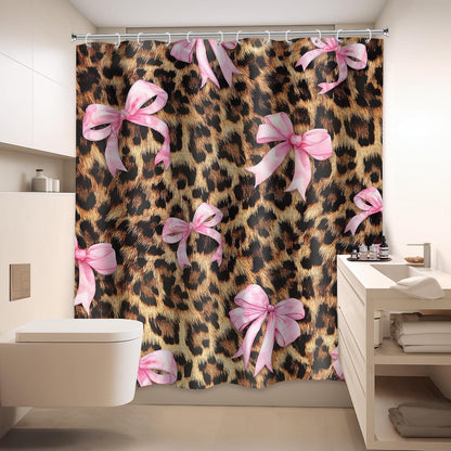 Pink Bow Leopard Print Shower Curtain 72Wx72H Inches Bownot Retro Brown Wild Safari Skin Pattern Fashion Girly Sweet Cloth Fabric Waterproof Polyester Bathroom Home Decor Set with Hooks