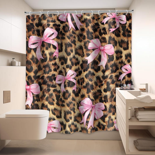 Pink Bow Leopard Print Shower Curtain 72Wx72H Inches Bownot Retro Brown Wild Safari Skin Pattern Fashion Girly Sweet Cloth Fabric Waterproof Polyester Bathroom Home Decor Set with Hooks
