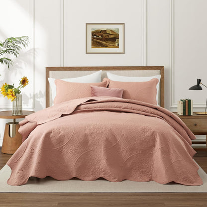 IR Imperial Rooms King Quilt Bedding Set Size (106" x 96") + 2 Pillow Shams (20" x 36"+ 2") - 3 Pcs All Season Lightweight Microfiber Coverlet Floral Embossed Quilt Bedspread (Baby Pink/Peach)