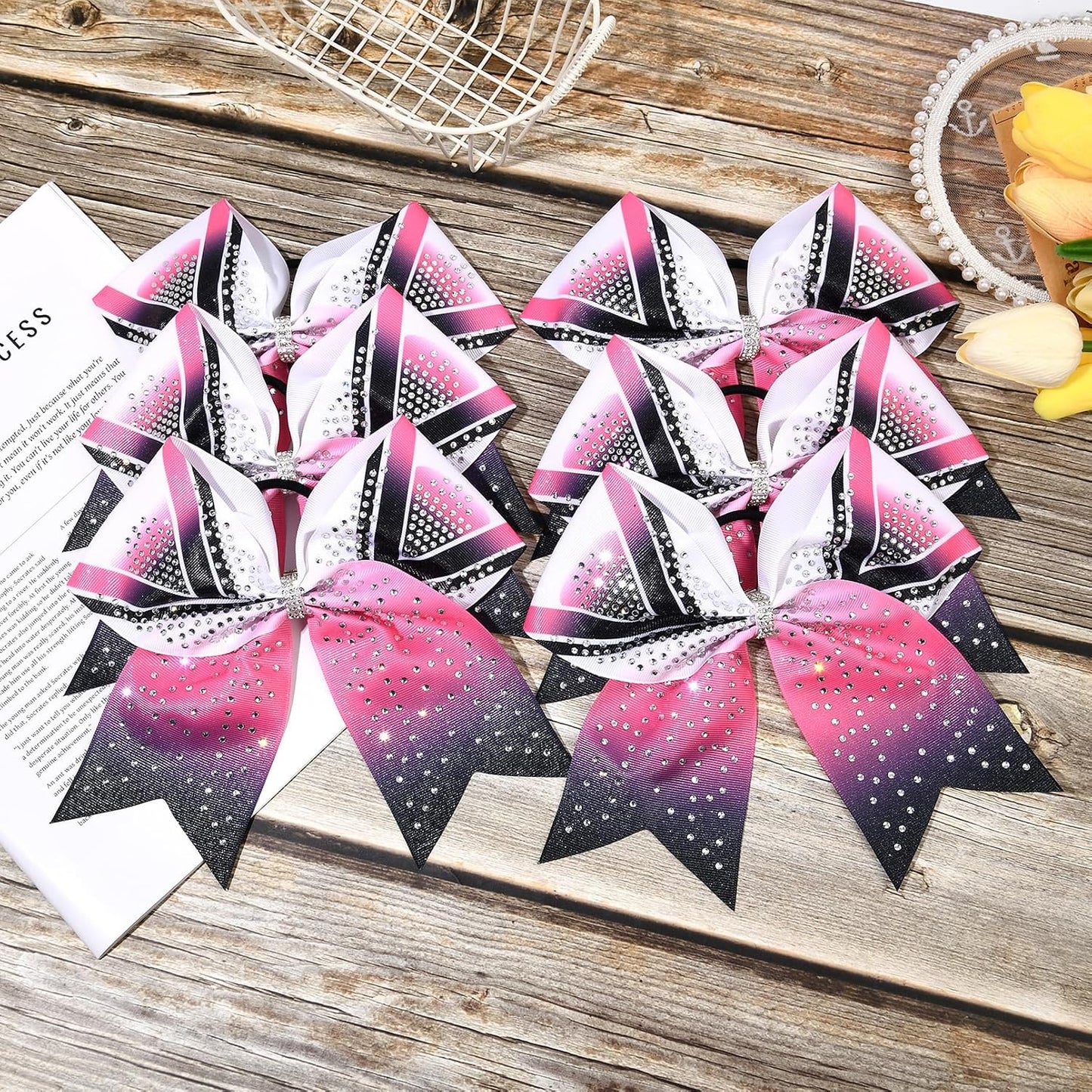 DEEKA 6PCS 8" Large Glitter Cheer Bows Black and Pink Gradient Color Rhinestone Shiny Cheer Hair Bows Elastic Band Ponytail Holder for Cheerleader Girls Sports -White/Pink/Black