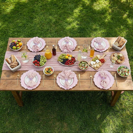 19 Pcs Pink Boho Placemats Set Include 6 Pink Charger Plates 118 Inch Long Farmhouse Table Runner Centerpiece 6 Cheesecloth Napkins 6 Napkin Ring for Dinner Wedding Bridal Party Decoration