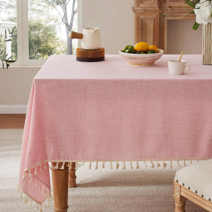 Tassel Linen Rectangular Table Cloth, Pink 52x70 Inch | Tassel Trimmed, Sleek Draping, Cotton Blend, Water Stain Resistant Dining Tablecloths, Washable Farmhouse Table Cover