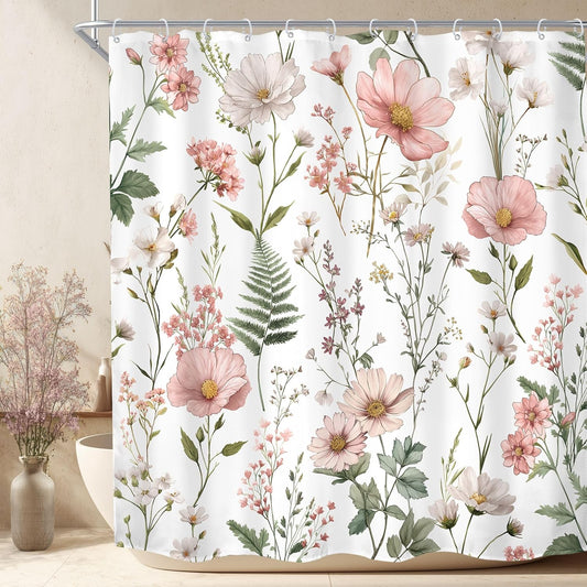 MESHELLY Pink Shower Curtain, 72" x 72" Floral Flower Cute Watercolor Design with Wildflowers & Botanical Leaves, Modern Bathroom Decor with 12 Hooks, Farmhouse Cottage core Spring Bath Accessories
