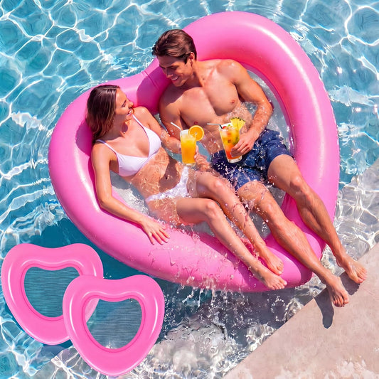 Outus 1/2 Pcs 58x58'' Inflatable Heart Pool Mesh Float Large Pink Pool Tanning Bed PVC Mesh Water Hammock Floating Lounger Chair for Adults Summer Party Swimming Water Beach Lake Fun