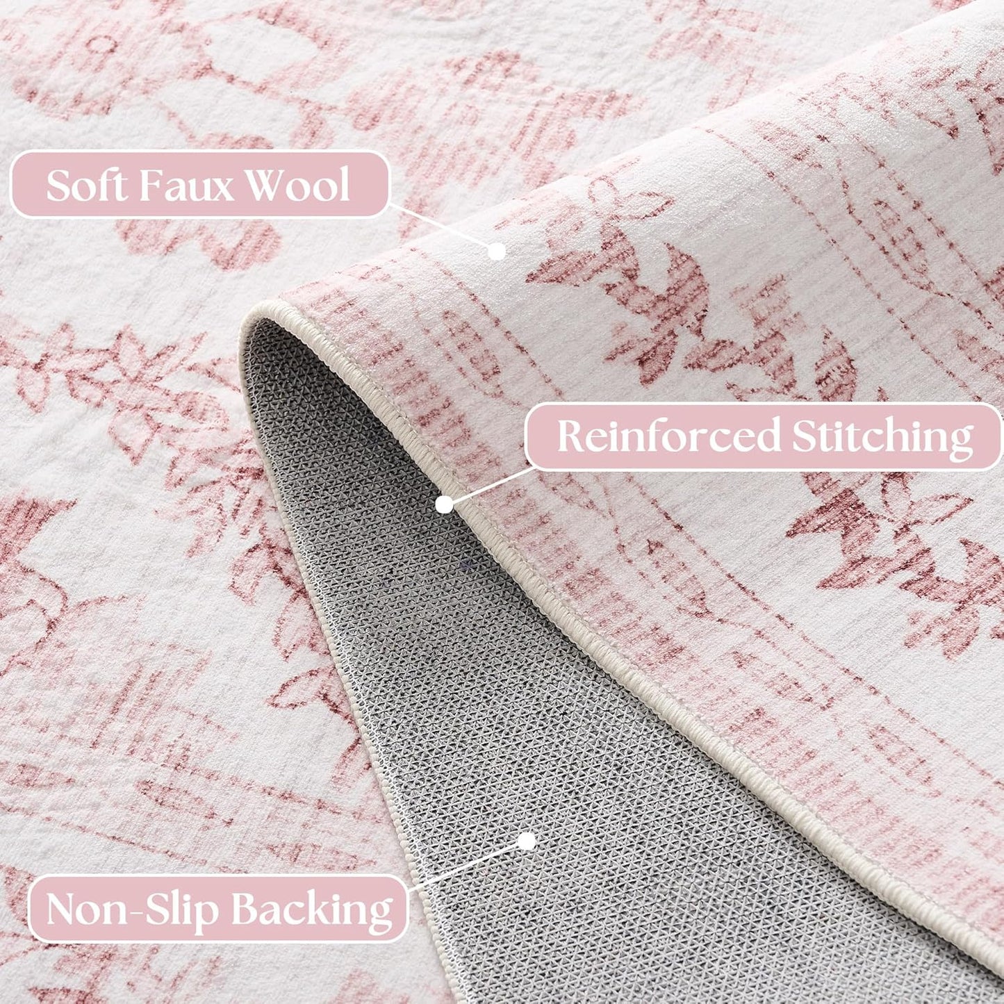 Pink Rugs for Bedroom Boho Light Blush Pink Floral Area Rugs Nursery for Baby Girl, Cute Foldable Machine Washable Distressed Carpet for Living Room Bedroom Dorm Kids Playroom 5x7