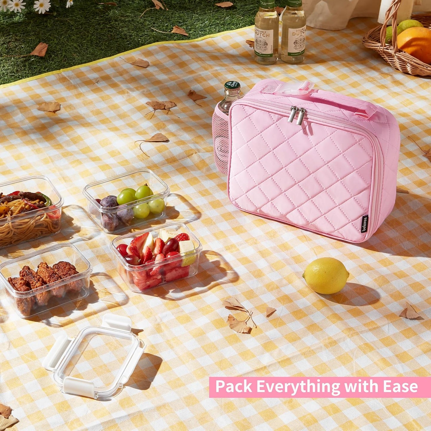 Insulated Lunch Bag - Quilted Lunch Box for Women with Sturdy Handle, Spacious Capacity Lunch Tote with Aluminum Foil Lining 6 Hour Insulation, Easy to Clean Lunch Box, Pink