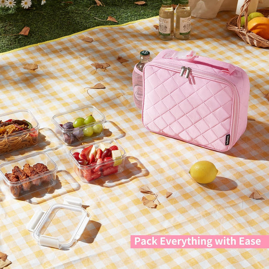 Insulated Lunch Bag - Quilted Lunch Box for Women with Sturdy Handle, Spacious Capacity Lunch Tote with Aluminum Foil Lining 6 Hour Insulation, Easy to Clean Lunch Box, Pink