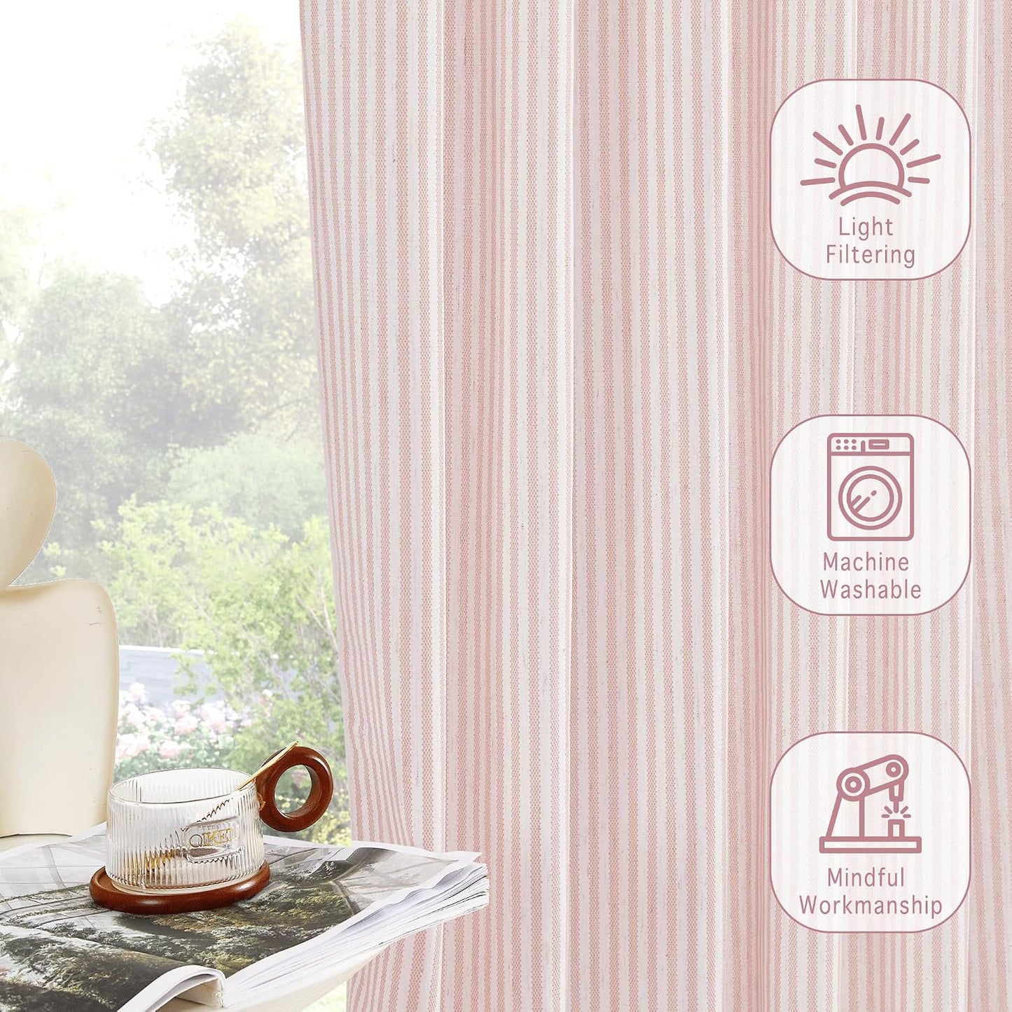 RYB HOME Cafe Striped Curtains for Kitchen Bathroom Small Window, Linen Pinstripe Drapes Valance 36 inch Length for Living Room Short Tier Boho Rustic Farmhouse, Pink, W26 x L36, 2 Panels