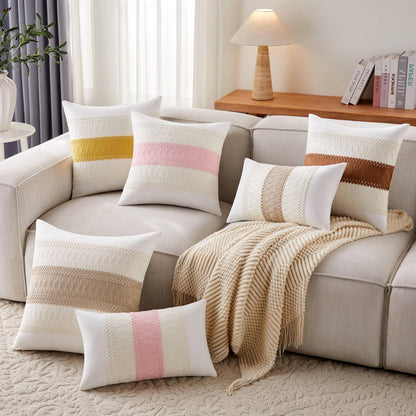 Soft Cotton Boho Lumbar Throw Pillow Covers Set of 2, Natural White/Contrast Light Pink 12x20 Inch, Light Pink Farmhouse Decorative Cushion Covers for Sofa Bed Living Room Home Decor