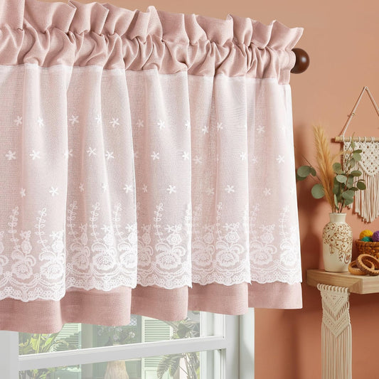 PONY DANCE Linen Kitchen Valance for Windows 18 Inch Long, Rod Pocket Lace Double Layer Valance Living Room Laundry Light Filtering Rustic Cottagecore Farmhouse Window Treatment, 1 Panel, Blush Pink