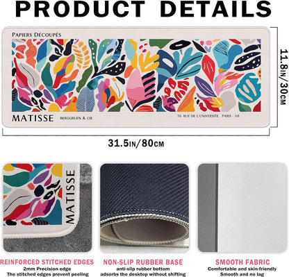 Abstract Floral Aesthetic Large Mouse Pad Matisse Boho Desk Mats, Pink Long Laptop Keyboard Mat Cute Gaming Desktop Mats for Desk, Flroal Desk Decor for Women Office 31.5x11.8