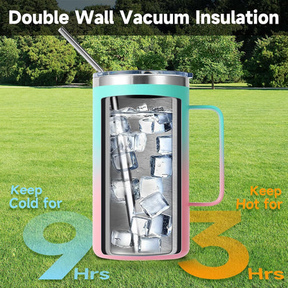 Volhoply 22oz Insulated Stainless Steel Coffee Mug with Leakproof Lid,Double Wall Vacuum Travel Coffee Cup with Handle,Reusable Metal Tumbler,Camping Mugs Keep Hot&Cold(Green Pink,1)