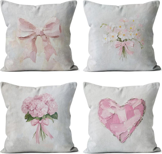 Pastel Pink Bow Hydrangea 18x18 Pillow Covers Set of 4, Coquette Preppy Room Decor, Pink Hydrangea Flower Heart Decorative Throw Pillow Covers for Girls Bedroom Dorm Apartment Home