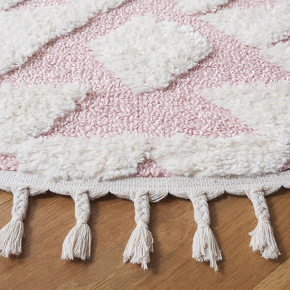 SAFAVIEH Moroccan Tassel Shag Collection Area Rug - 3' Round, Ivory & Pink, Non-Shedding & Easy to Clean, Plush High-Low Texture, Ideal for Living Room, Bedroom, Dining Space (MTS688U)