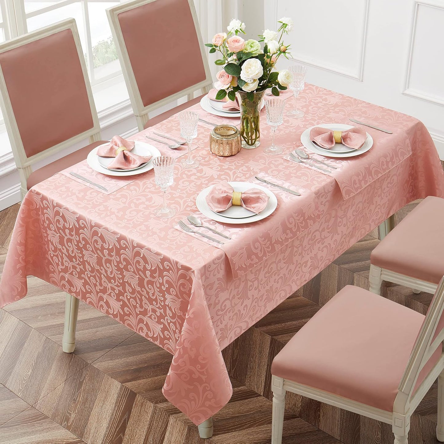 4 Pieces Scroll Damask Jacquard Coral Gold Placemats,13 x 19 inch Protect Surface Heat and Stain Resistant Dinner Mats