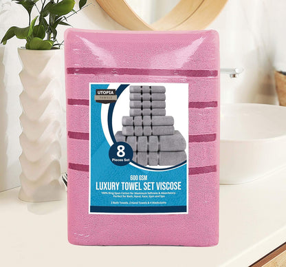 Utopia Towels 8 Piece Luxury Towel Set, 2 Bath, 2 Hand, and 4 Wash Cloths, 600 GSM Ring Spun Cotton, Highly Absorbent Viscose Stripe Towels, Ideal for Everyday use, Pink