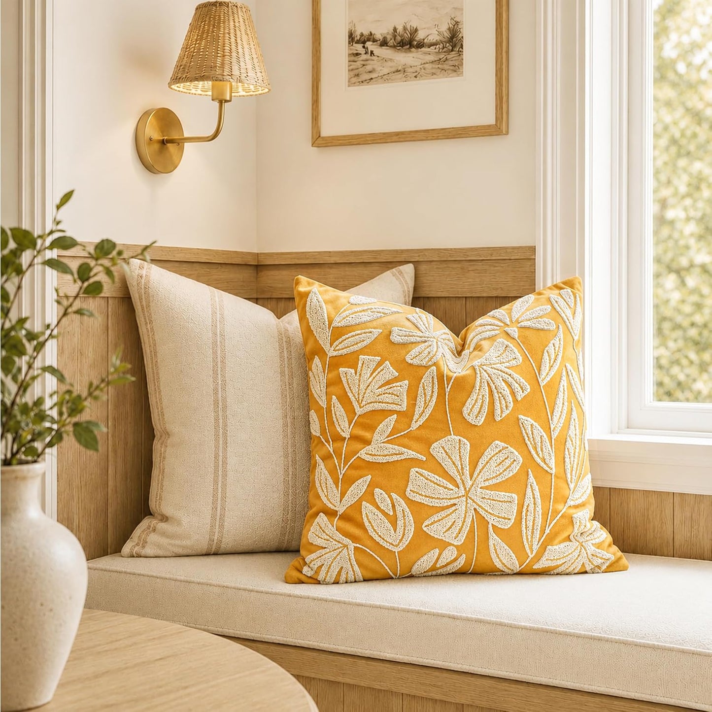 BlissBlush Throw Pillow Cover 20x20 Inch, Mustard Floral Tufted Velvet Decorative Accent Pillow Case for Sofa Bed Living Room, Cover Only
