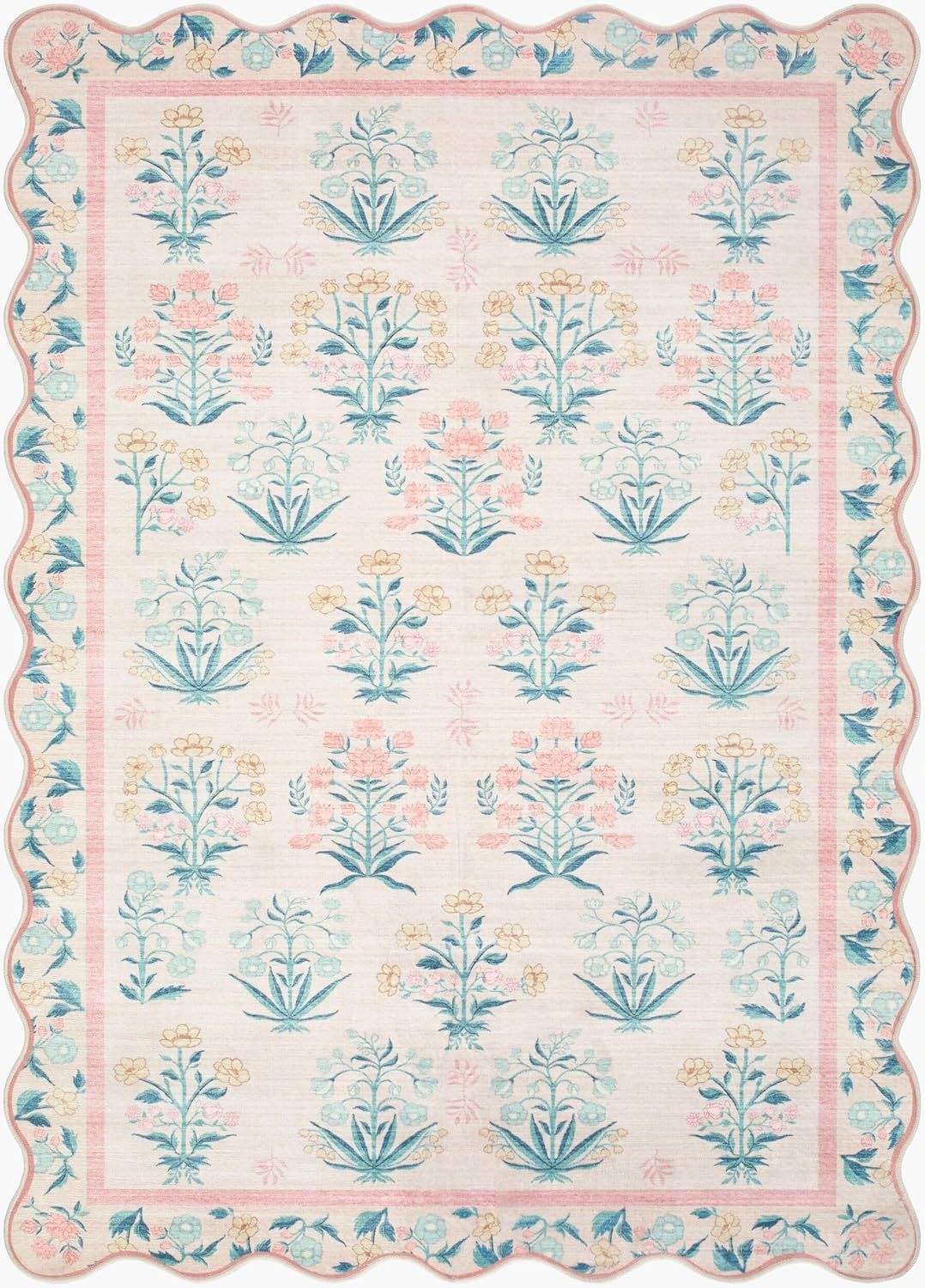 Hauteloom Lexine Machine Washable Area Rug - Floral Flower Botanical Scalloped Border - Contemporary Traditional Indian Modern Transitional - Blush, Green, Gold, Cream, Pink - 3'6" x 5'6"