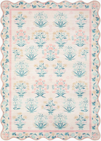 Hauteloom Lexine Machine Washable Area Rug - Floral Flower Botanical Scalloped Border - Contemporary Traditional Indian Modern Transitional - Blush, Green, Gold, Cream, Pink - 3'6" x 5'6"