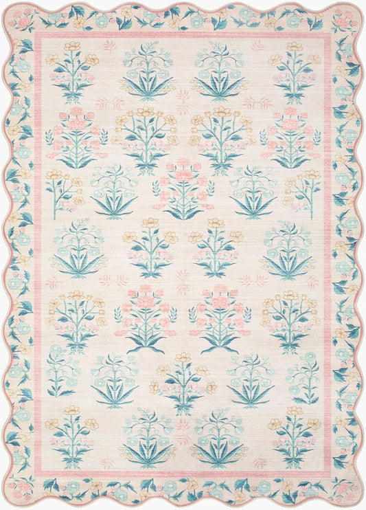 Hauteloom Lexine Machine Washable Area Rug - Floral Flower Botanical Scalloped Border - Contemporary Traditional Indian Modern Transitional - Blush, Green, Gold, Cream, Pink - 3'6" x 5'6"